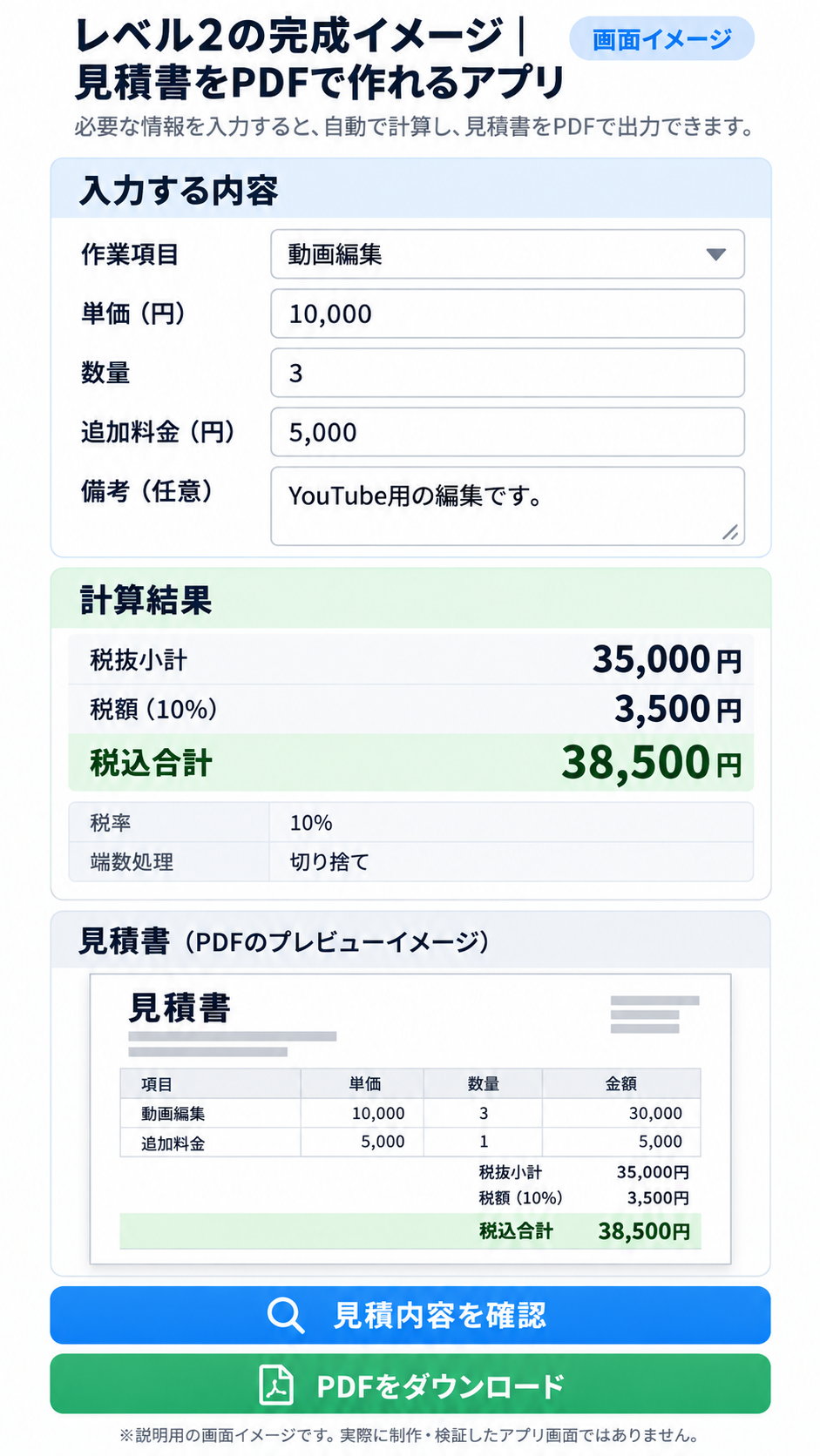 見積もりアプリの構成イメージ。入力欄、計算結果、PDFのプレビュー、ダウンロードボタンが縦に並ぶ