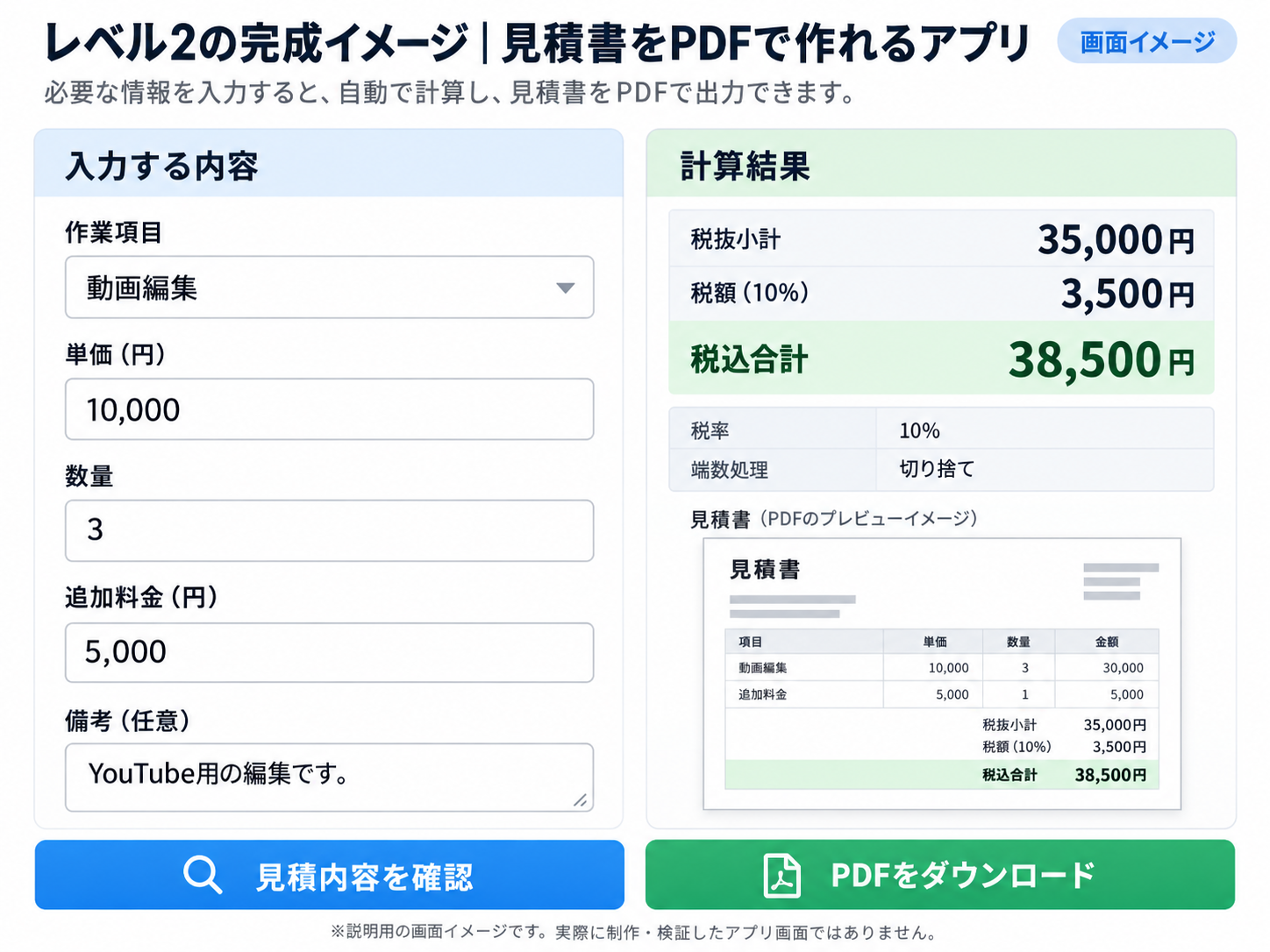 見積もりアプリの構成イメージ。入力欄、計算結果、PDFのプレビュー、ダウンロードボタンが縦に並ぶ